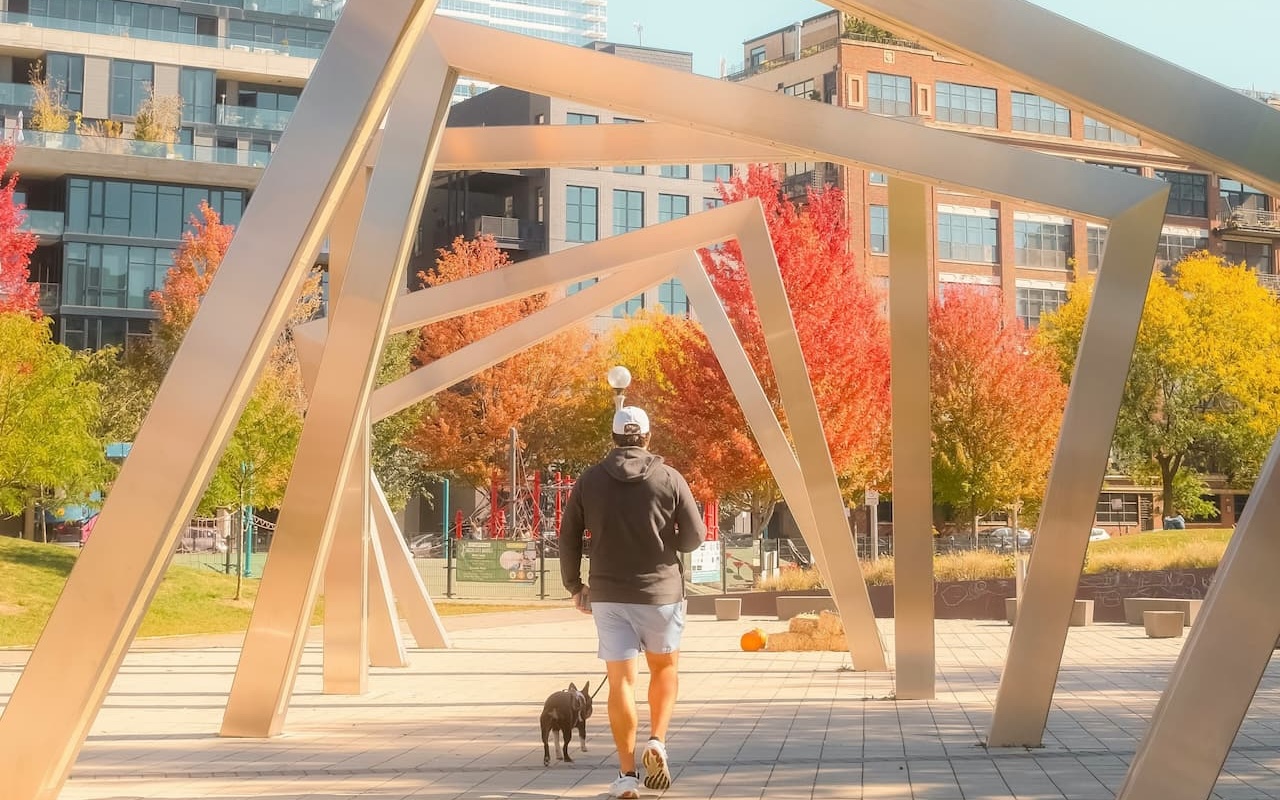 Dog walker in Mary Bartelme Park in Chicago's West Loop, framed by modern steel archways and fall trees